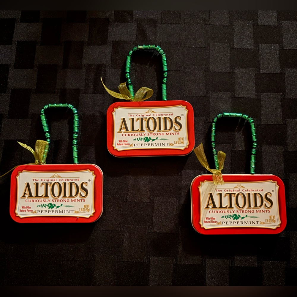 Hand Crafted Red and Green Altoids Holiday Hanging Ornaments, set of 3